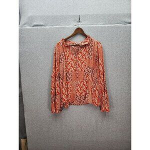 AndTheWhy Womens Boho Floral Blouse M Red & White Bell Sleeve Ruffle Neckline